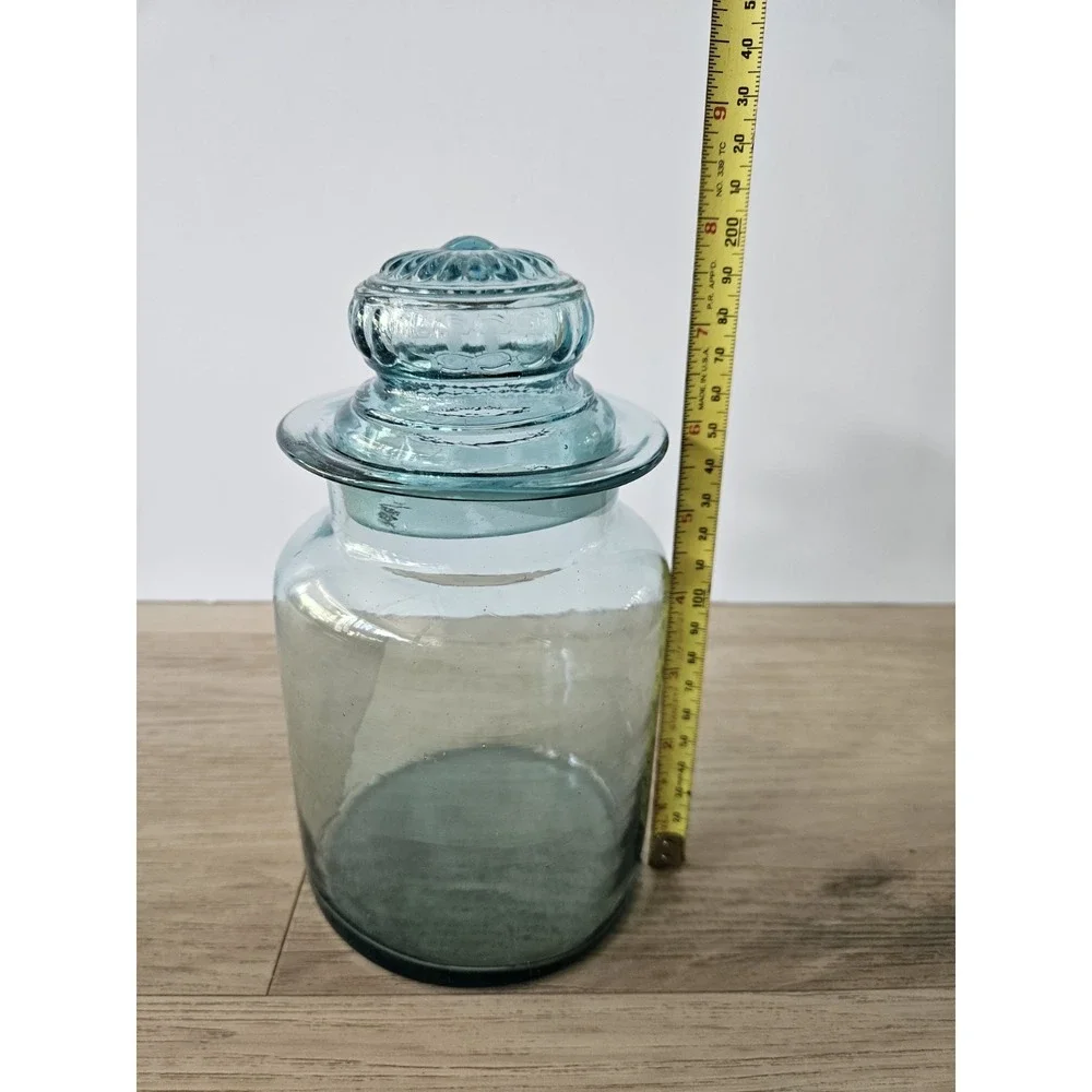 Vintage Takahashi Glass Apothecary Jar Teal‎ Blue Green MCM Canister With Lid 8